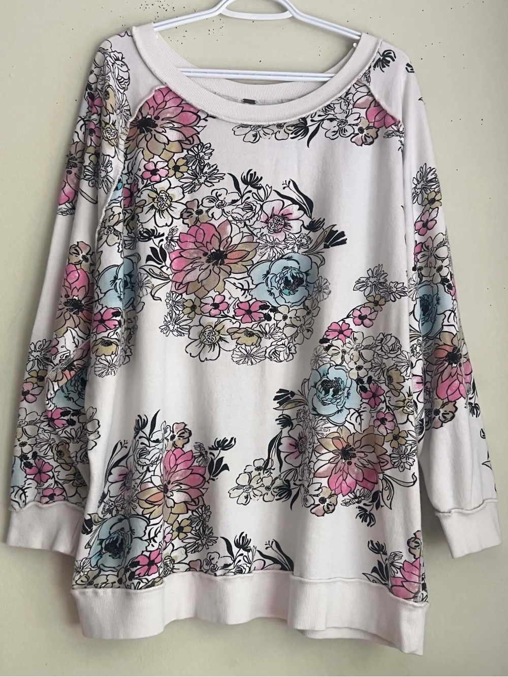 Free People Cream Floral Scoop-Neck Sweatshirt with Pink & Blue Blooms